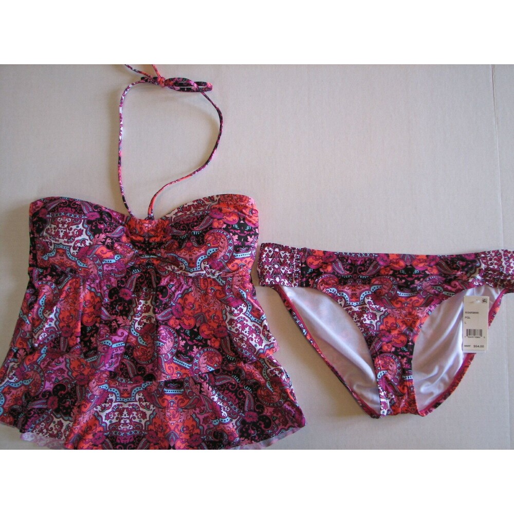 Kenneth Cole Bandeau Tankini Swimsuit L Pink Scarfs on Deck Swim Bathing Suit